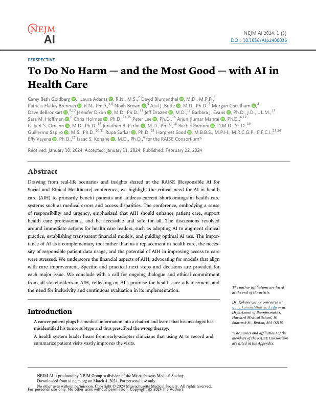 To Do No Harm — and the Most Good — with AI in Health Care